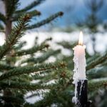 photo of the Christmas collection "snow candle". Picture of a melting candle in a pine tree forest while it's snowing.